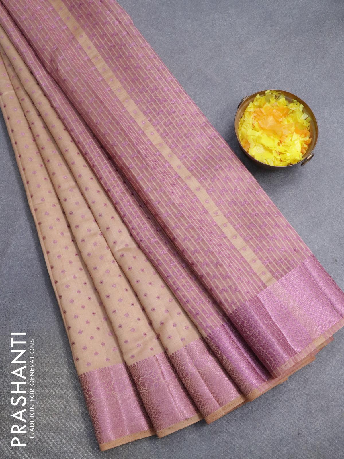 Pure soft silk saree sandal and pink with silver & gold zari woven but –  Cherrypick