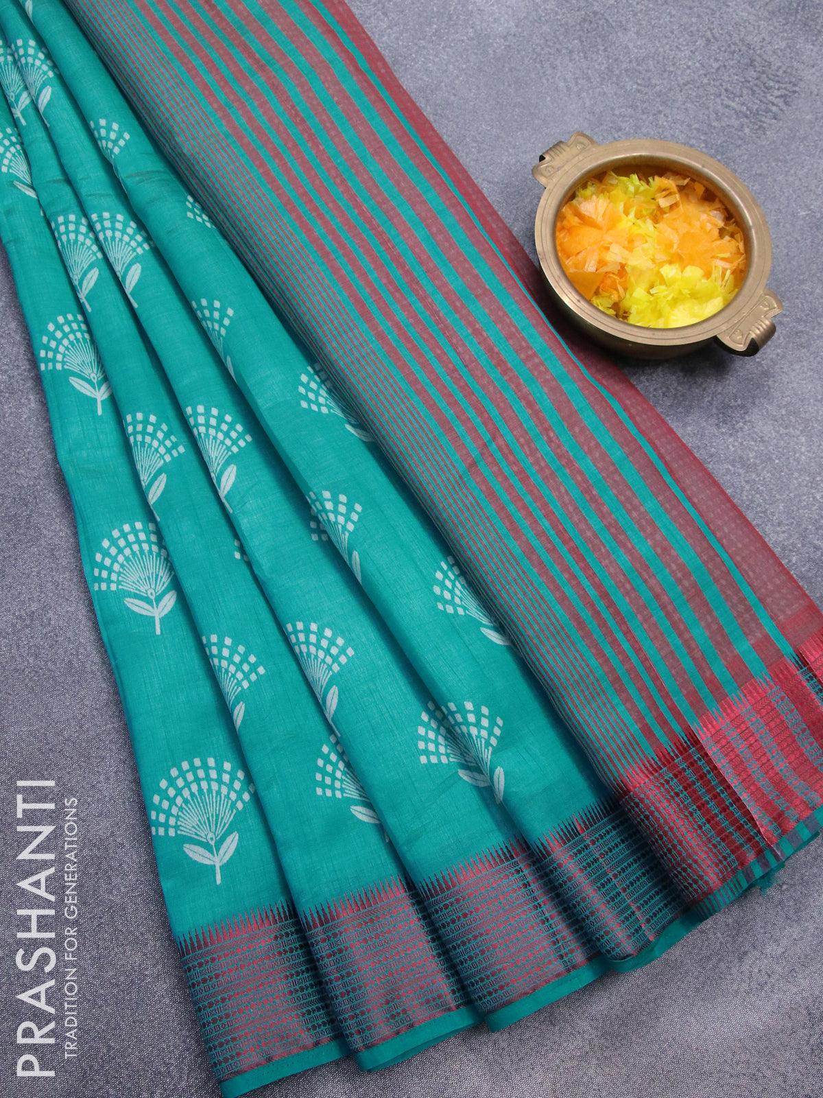 Semi raw silk saree green with box type butta prints and pink zari wov –  Prashanti Sarees