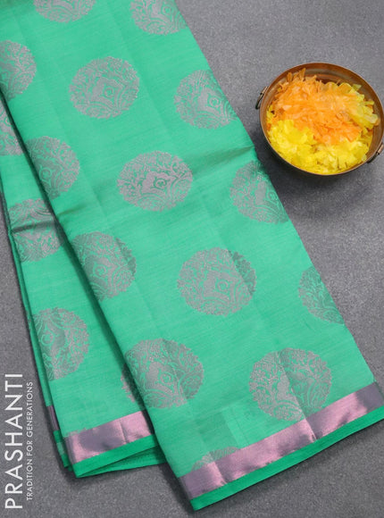 Semi raw silk saree teal green with pink zari woven buttas and pink zari woven border - {{ collection.title }} by Prashanti Sarees