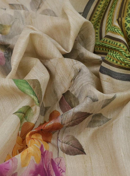 Semi tussar dupion saree beige and black with allover floral prints and vidarbha style border - ZVH0816-4 - {{ collection.title }} by Prashanti Sarees