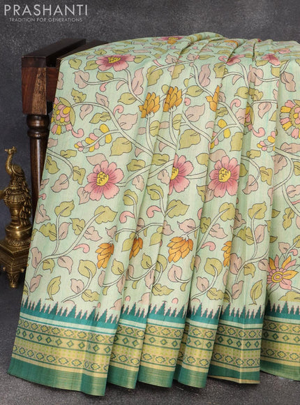 Semi tussar dupion saree green shade and green with allover floral prints and vidarbha style border - ZVH0831-6 - {{ collection.title }} by Prashanti Sarees