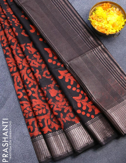 Semi tussar saree black with allover batik prints and zari woven kanjivaram style border - {{ collection.title }} by Prashanti Sarees