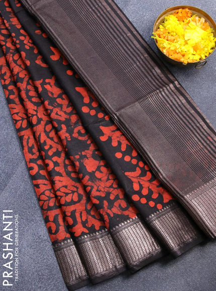 Semi tussar saree black with allover batik prints and zari woven kanjivaram style border - {{ collection.title }} by Prashanti Sarees