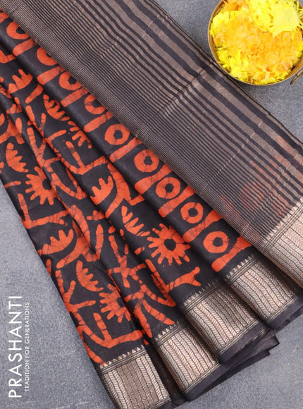 Semi tussar saree black with allover batik prints and zari woven kanjivaram style border - {{ collection.title }} by Prashanti Sarees