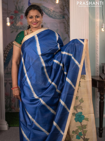 Semi tussar saree blue and pale yellow with allover leheriya prints and kalamkari printed pallu - {{ collection.title }} by Prashanti Sarees