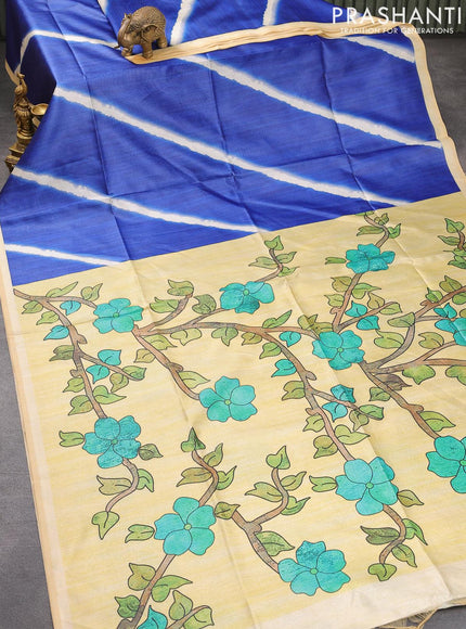 Semi tussar saree blue and pale yellow with allover leheriya prints and kalamkari printed pallu - {{ collection.title }} by Prashanti Sarees