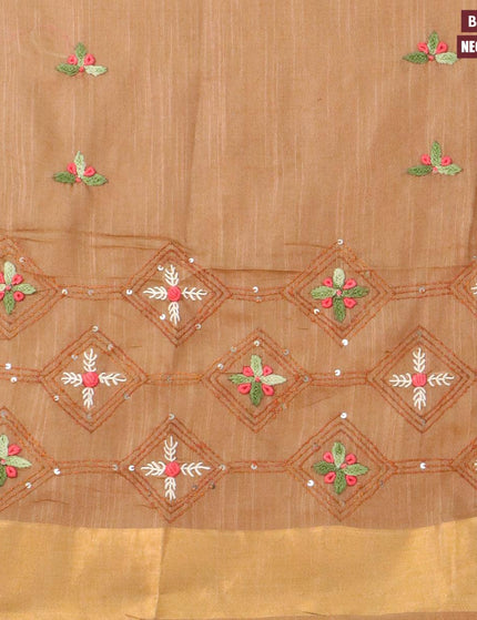 Semi tussar saree brown with allover stripes pattern and seperate embroidery work blouse - {{ collection.title }} by Prashanti Sarees