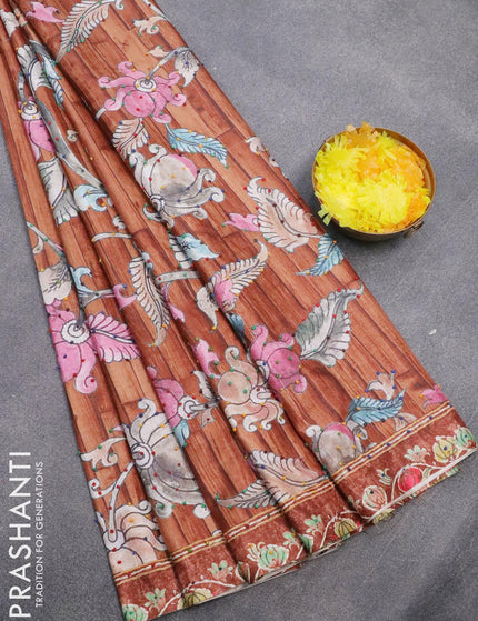 Semi tussar saree brown with kalamkari prints & french knot work and printed border - {{ collection.title }} by Prashanti Sarees