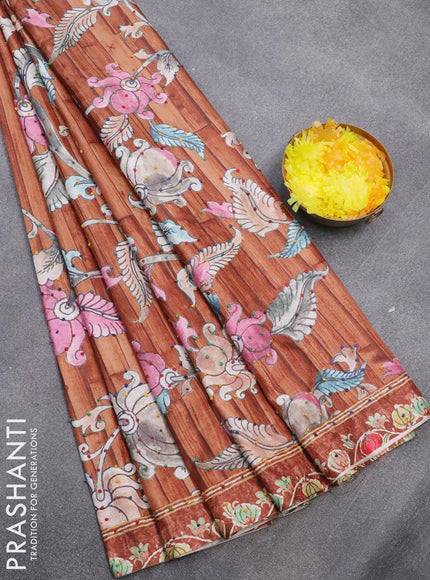 Semi tussar saree brown with kalamkari prints & french knot work and printed border - {{ collection.title }} by Prashanti Sarees