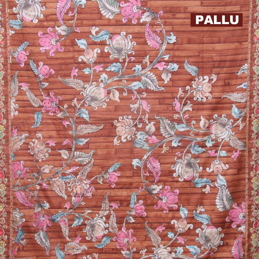 Semi tussar saree brown with kalamkari prints & french knot work and printed border - {{ collection.title }} by Prashanti Sarees