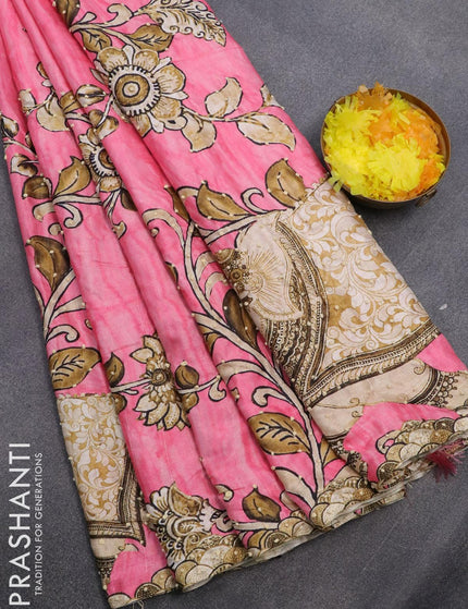 Semi tussar saree candy pink with kalamkari prints & french knot work and printed border - {{ collection.title }} by Prashanti Sarees