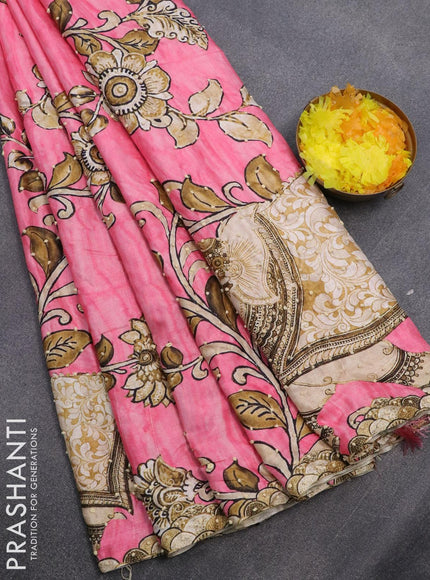 Semi tussar saree candy pink with kalamkari prints & french knot work and printed border - {{ collection.title }} by Prashanti Sarees