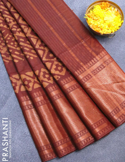 Semi tussar saree coffee brown with allover batik prints and zari woven kanjivaram style border - {{ collection.title }} by Prashanti Sarees