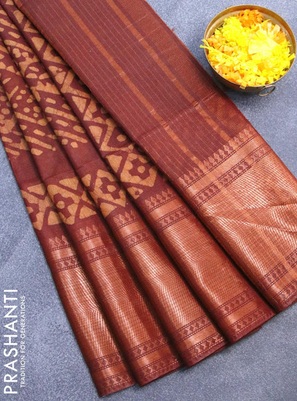 Semi tussar saree coffee brown with allover batik prints and zari woven kanjivaram style border - {{ collection.title }} by Prashanti Sarees