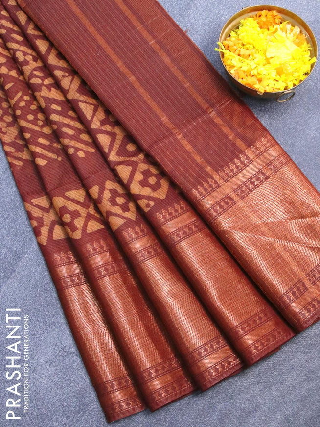 Semi tussar saree coffee brown with allover batik prints and zari woven kanjivaram style border - {{ collection.title }} by Prashanti Sarees