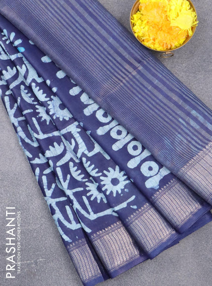 Semi tussar saree dark blue with allover batik prints and zari woven kanjivaram style border - {{ collection.title }} by Prashanti Sarees