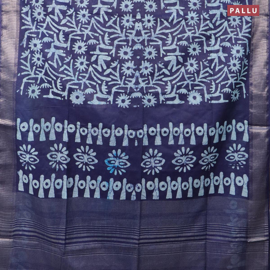 Semi tussar saree dark blue with allover batik prints and zari woven kanjivaram style border - {{ collection.title }} by Prashanti Sarees