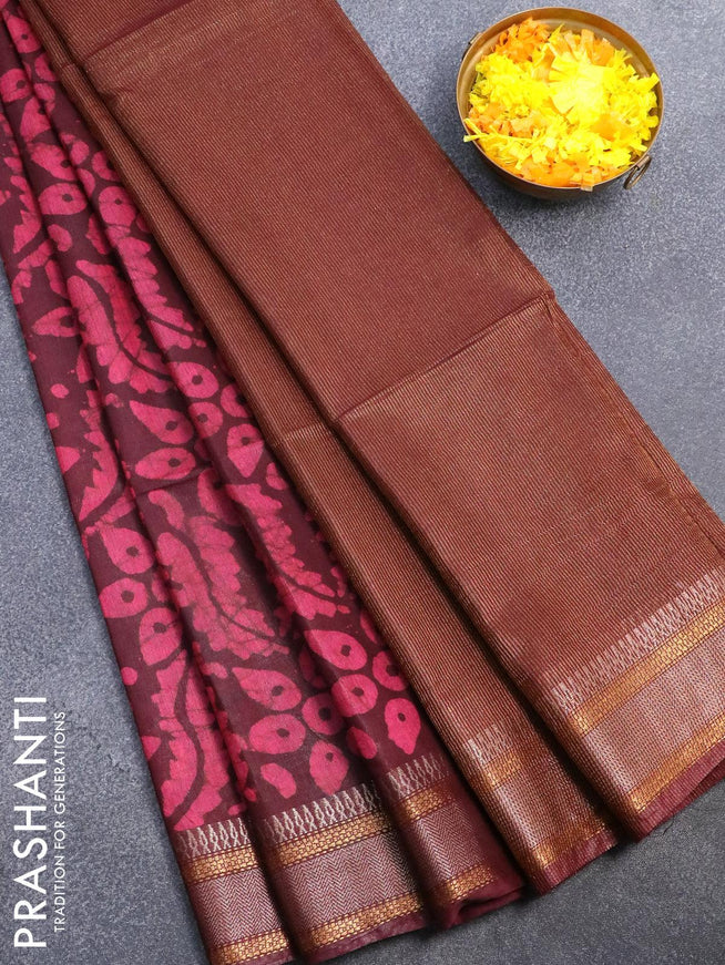 Semi tussar saree deep maroon with allover batik prints and zari woven kanjivaram style border - {{ collection.title }} by Prashanti Sarees