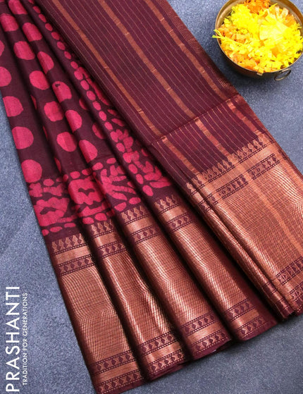 Semi tussar saree deep maroon with allover batik prints and zari woven kanjivaram style border - {{ collection.title }} by Prashanti Sarees