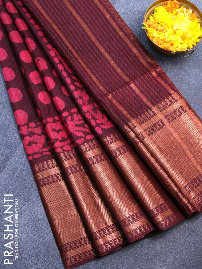 Semi tussar saree deep maroon with allover batik prints and zari woven kanjivaram style border - {{ collection.title }} by Prashanti Sarees