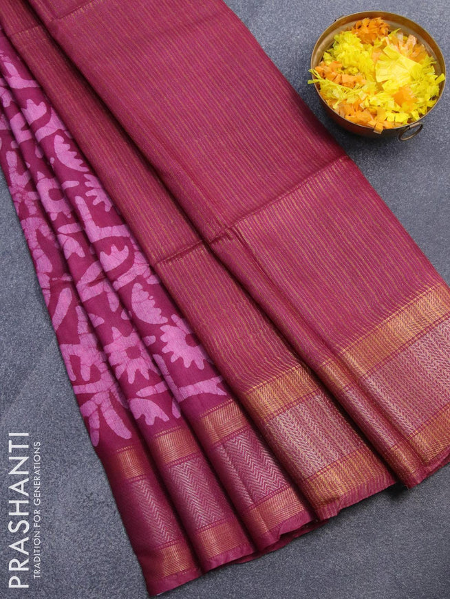 Semi tussar saree deep maroon with allover batik prints and zari woven kanjivaram style border - {{ collection.title }} by Prashanti Sarees