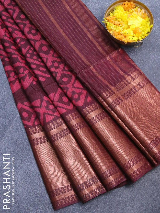 Semi tussar saree deep maroon with allover batik prints and zari woven kanjivaram style border - {{ collection.title }} by Prashanti Sarees