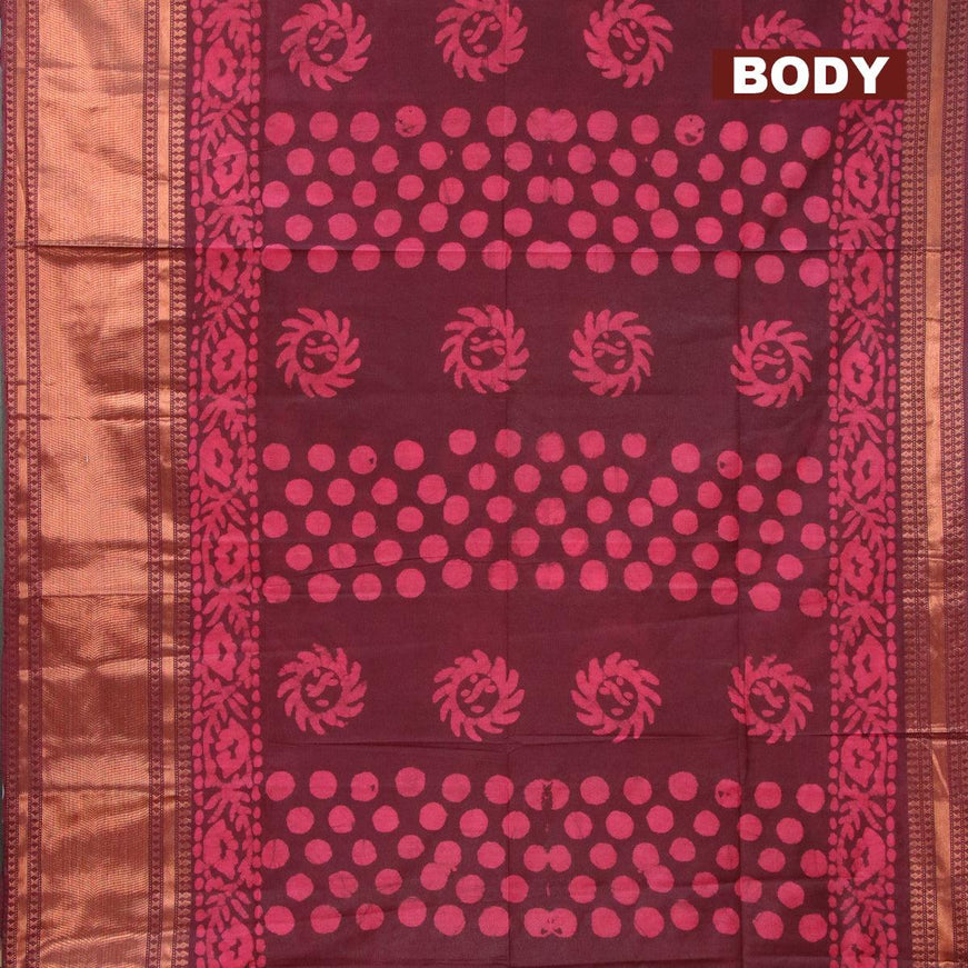 Semi tussar saree deep maroon with allover batik prints and zari woven kanjivaram style border - {{ collection.title }} by Prashanti Sarees