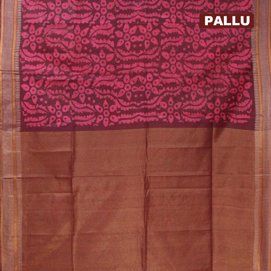 Semi tussar saree deep maroon with allover batik prints and zari woven kanjivaram style border - {{ collection.title }} by Prashanti Sarees