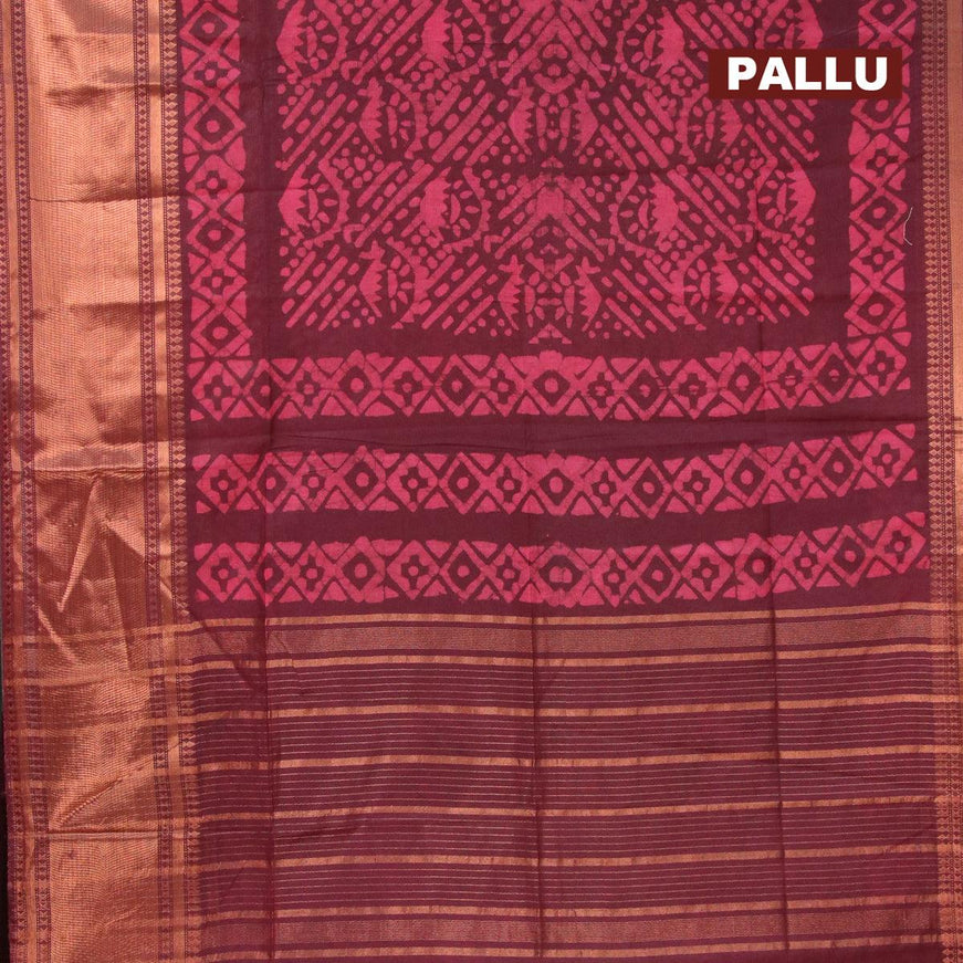 Semi tussar saree deep maroon with allover batik prints and zari woven kanjivaram style border - {{ collection.title }} by Prashanti Sarees