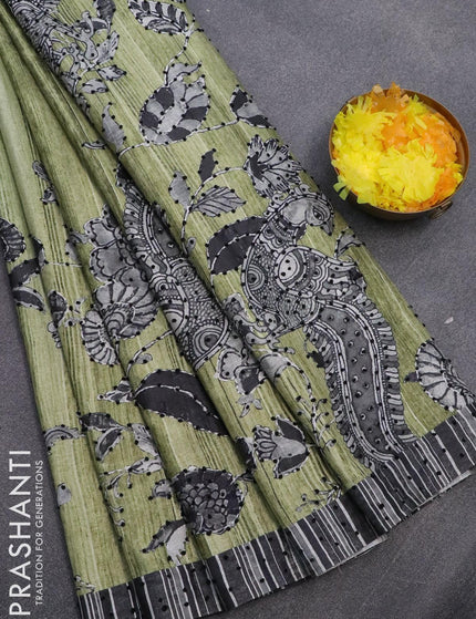 Semi tussar saree green shade and black with kalamkari prints & french knot work and simple border - {{ collection.title }} by Prashanti Sarees