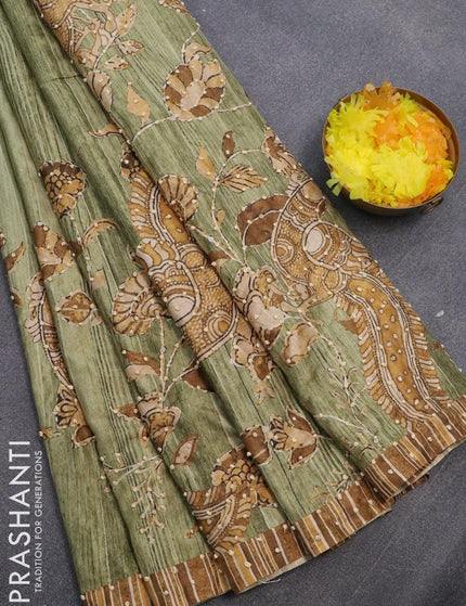 Semi tussar saree green shade with kalamkari prints & french knot work and simple border - {{ collection.title }} by Prashanti Sarees