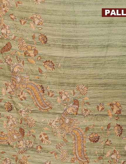 Semi tussar saree green shade with kalamkari prints & french knot work and simple border - {{ collection.title }} by Prashanti Sarees