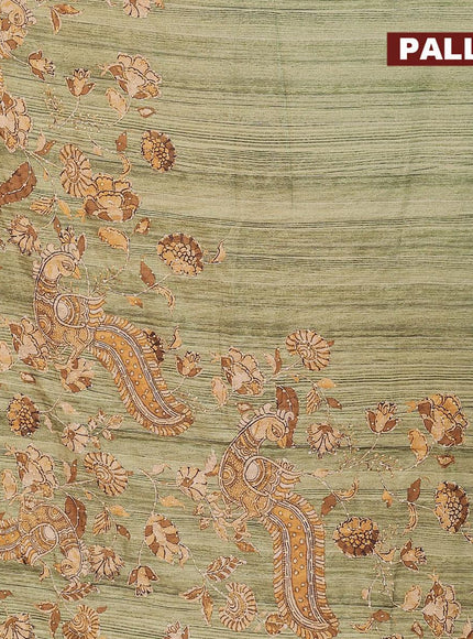 Semi tussar saree green shade with kalamkari prints & french knot work and simple border - {{ collection.title }} by Prashanti Sarees