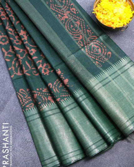 Semi tussar saree green with allover batik prints and silver zari woven kanjivaram style border - {{ collection.title }} by Prashanti Sarees
