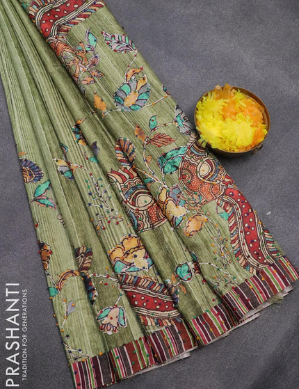 Semi tussar saree green with kalamkari prints & french knot work and simple border - {{ collection.title }} by Prashanti Sarees