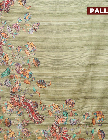 Semi tussar saree green with kalamkari prints & french knot work and simple border - {{ collection.title }} by Prashanti Sarees