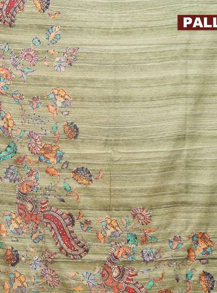 Semi tussar saree green with kalamkari prints & french knot work and simple border - {{ collection.title }} by Prashanti Sarees