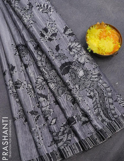 Semi tussar saree grey and black with kalamkari prints & french knot work and simple border - {{ collection.title }} by Prashanti Sarees