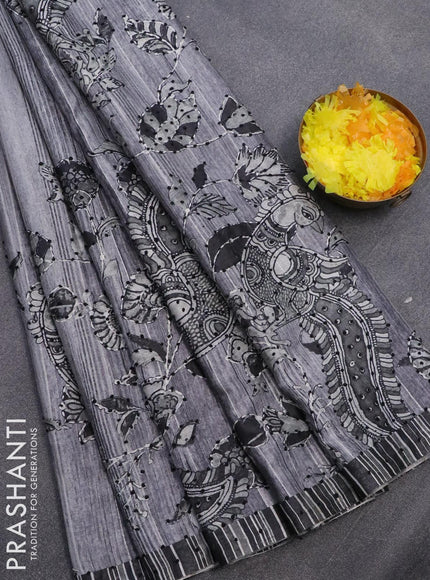 Semi tussar saree grey and black with kalamkari prints & french knot work and simple border - {{ collection.title }} by Prashanti Sarees