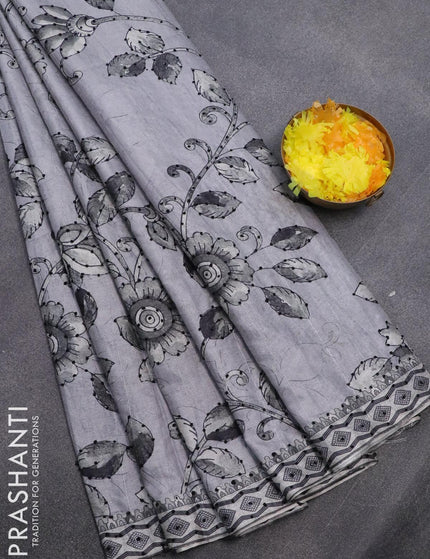 Semi tussar saree grey with kalamkari prints & french knot work and printed border - {{ collection.title }} by Prashanti Sarees