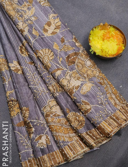 Semi tussar saree grey with kalamkari prints & french knot work and simple border - {{ collection.title }} by Prashanti Sarees