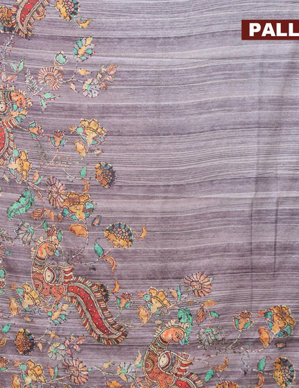 Semi tussar saree grey with kalamkari prints & french knot work and simple border - {{ collection.title }} by Prashanti Sarees