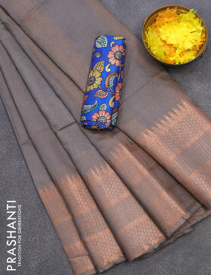 Semi tussar saree grey with plain body and long copper zari woven border & kalamkari printed blouse - {{ collection.title }} by Prashanti Sarees