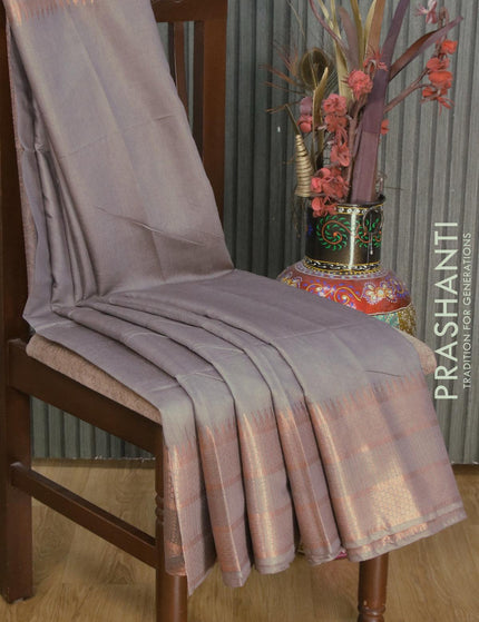 Semi tussar saree grey with plain body and long copper zari woven border & kalamkari printed blouse - {{ collection.title }} by Prashanti Sarees