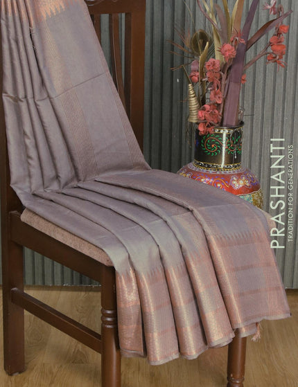 Semi tussar saree grey with plain body and long copper zari woven border & kalamkari printed blouse - {{ collection.title }} by Prashanti Sarees