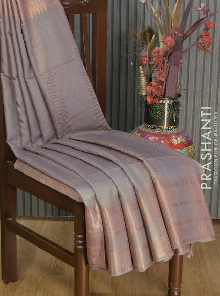 Semi tussar saree grey with plain body and long copper zari woven border & kalamkari printed blouse - {{ collection.title }} by Prashanti Sarees