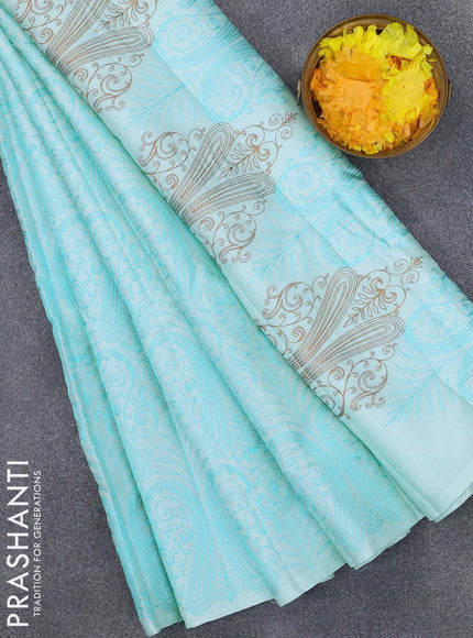 Semi tussar saree light blue and with allover lucknowi work in borderless style - {{ collection.title }} by Prashanti Sarees