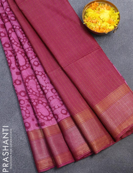 Semi tussar saree magenta pink with allover batik prints and zari woven kanjivaram style border - {{ collection.title }} by Prashanti Sarees