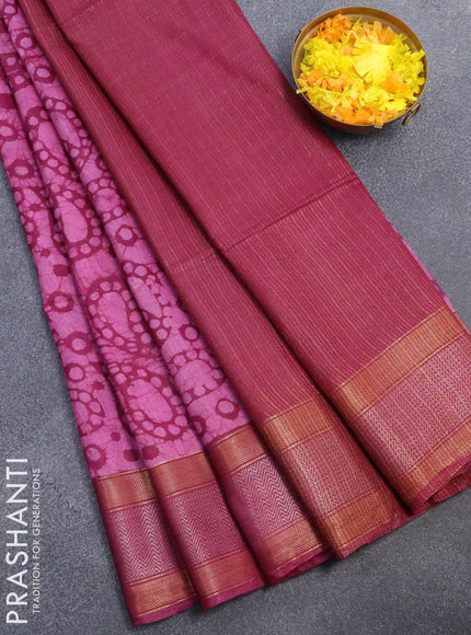 Semi tussar saree magenta pink with allover batik prints and zari woven kanjivaram style border - {{ collection.title }} by Prashanti Sarees