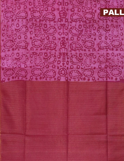 Semi tussar saree magenta pink with allover batik prints and zari woven kanjivaram style border - {{ collection.title }} by Prashanti Sarees